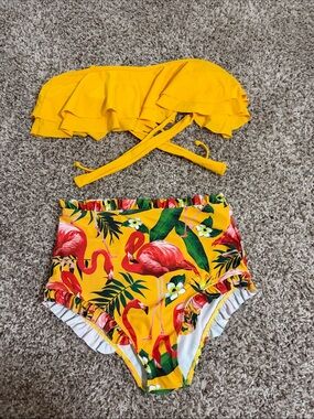 Yellow Ruffled Bandeau Bikini Top and High Waisted Flamingo Print Bottoms